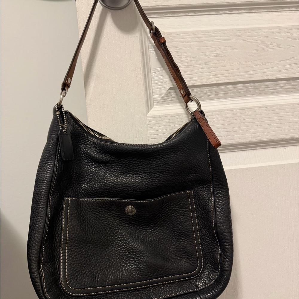 Coach Classic Black Leather Hobo Bag with Tan Strap